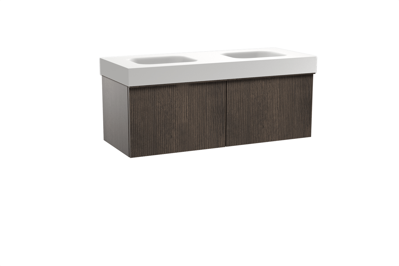 Balmani Forma zwevend badkamermeubel 135 x 55 cm gerookte eik met Arcato dubbele wastafel in solid surface mat wit, Verticale symmetrische rechte ribbel