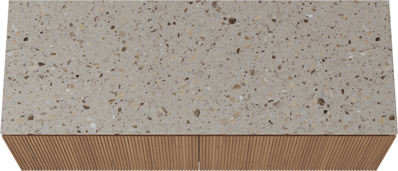 Balmani Eclips hängendes Möbelstück Set: 150 x 55 cm, Teak, mit Stretto Einzel- oder Doppel Waschtischplatte Greige Terrazzo, Vertikale symmetrische gerade Rippe