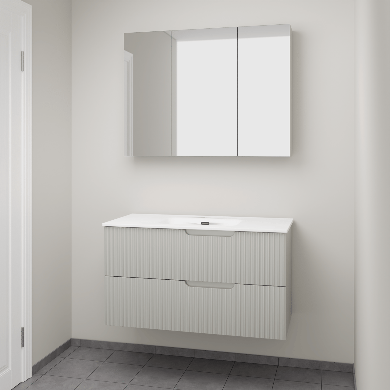 Linie Ribbo meuble salle de bains suspendu 100 x 46 cm greige avec Baro plan simple en porcelaine blanc brillant, Nervure circulaire symétrique verticale et Montro armoire de toilette