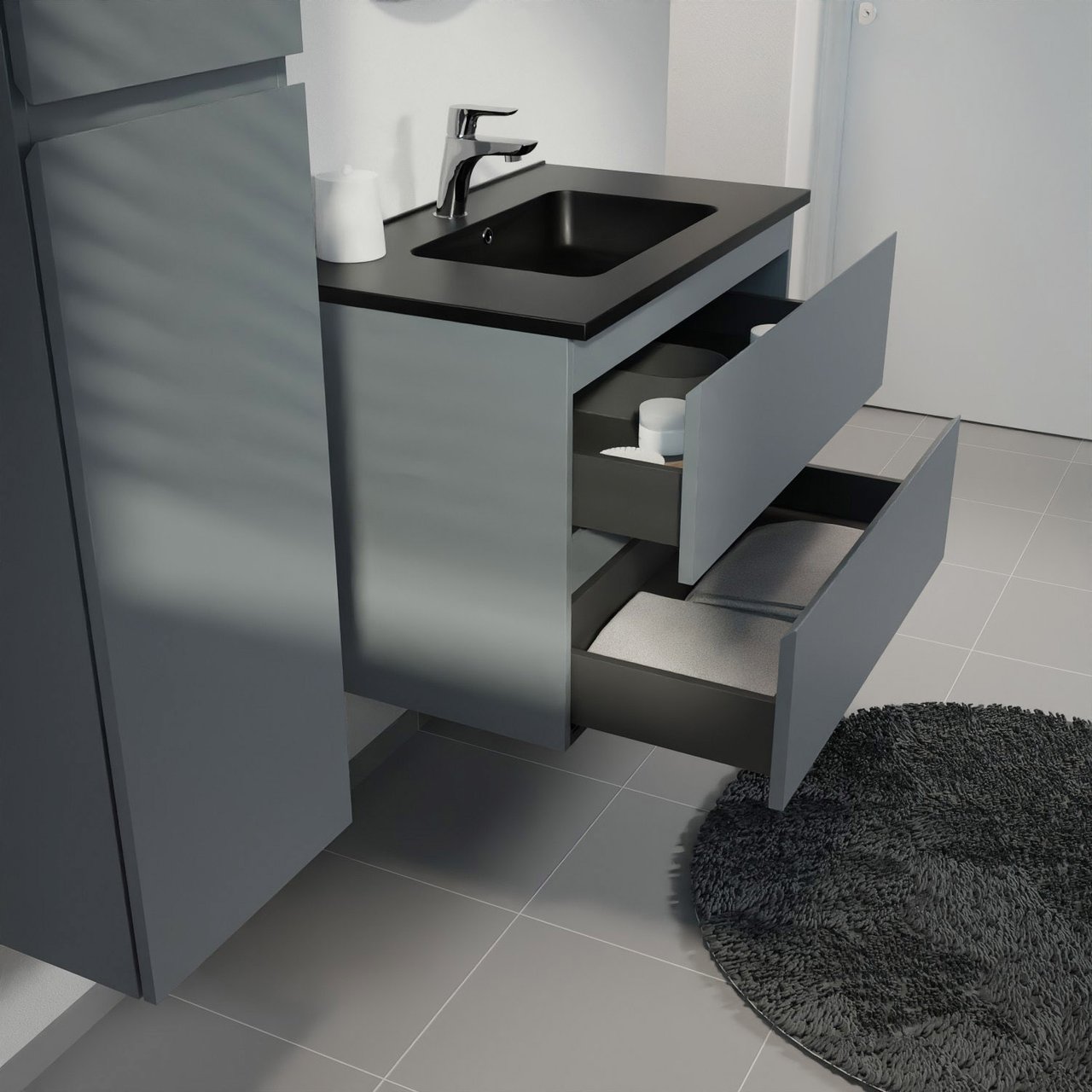 Linie Lado hängendes Möbelstück Set: 80 x 46 cm, Anthrazitblau, mit Vano Einzelwaschtisch, Marmorkomposit Schwarz matt