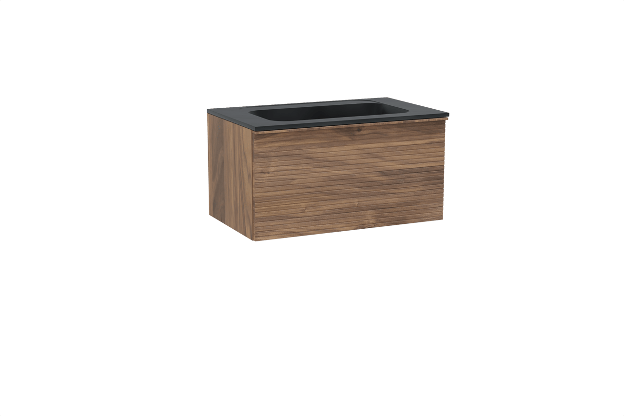 Balmani Forma zwevend badkamermeubel 90 x 55 cm amerikaanse notelaar met Tablo Strada enkele wastafel in composietmarmer mat zwart, Horizontale symmetrische rechte ribbel