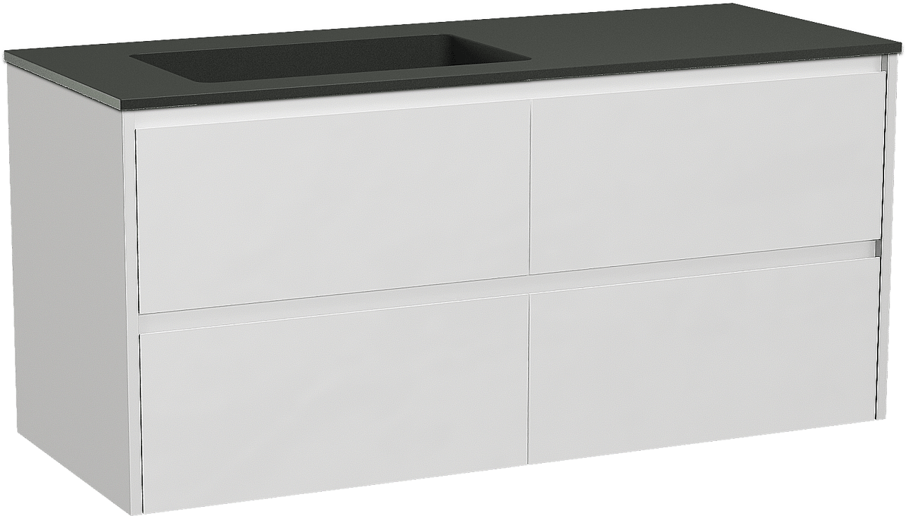 Storke Seda zwevend badmeubel 130 x 52 cm mat wit met Scuro asymmetrisch linkse wastafel in kwarts mat zwart