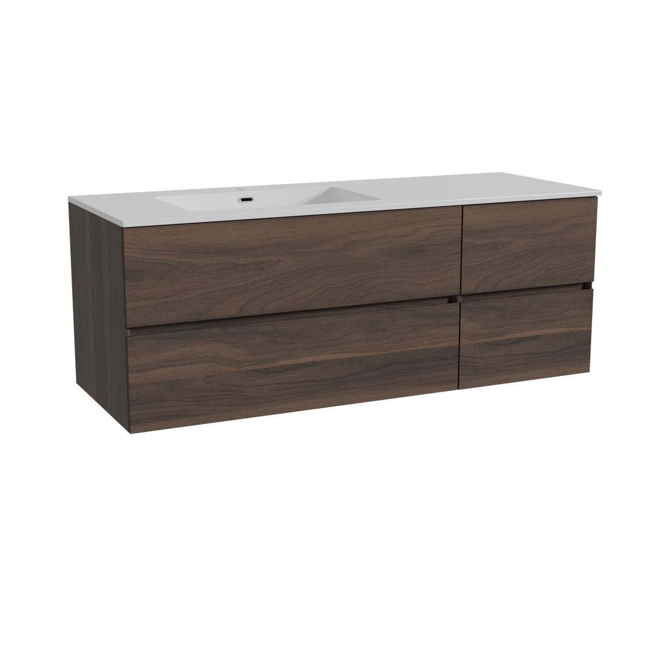 Storke Edge meuble salle de bains suspendu 140 x 52 cm noyer avec Diva plan vasque asymétrique à gauche en marbre composite blanc brillant