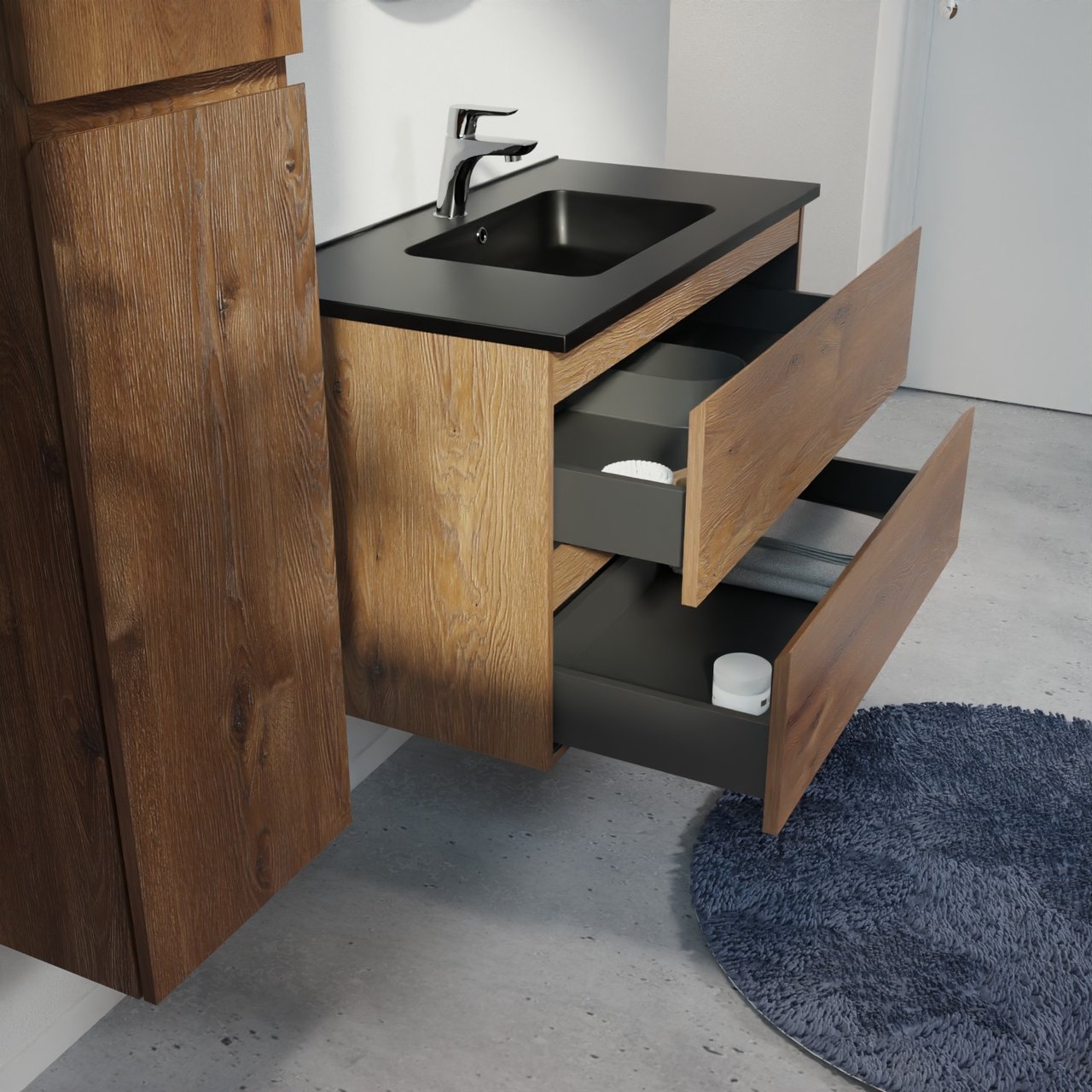 Linie Lado meuble salle de bains suspendu 90 x 46 cm chêne brun avec Vano plan simple en marbre composite noir mat