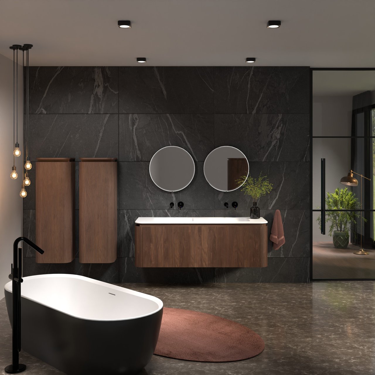 Balmani Moon meuble salle de bains suspendu 160 x 55 cm noyer américain avec Moon double vasque en solid surface blanc mat, Nervure droite symétrique verticale