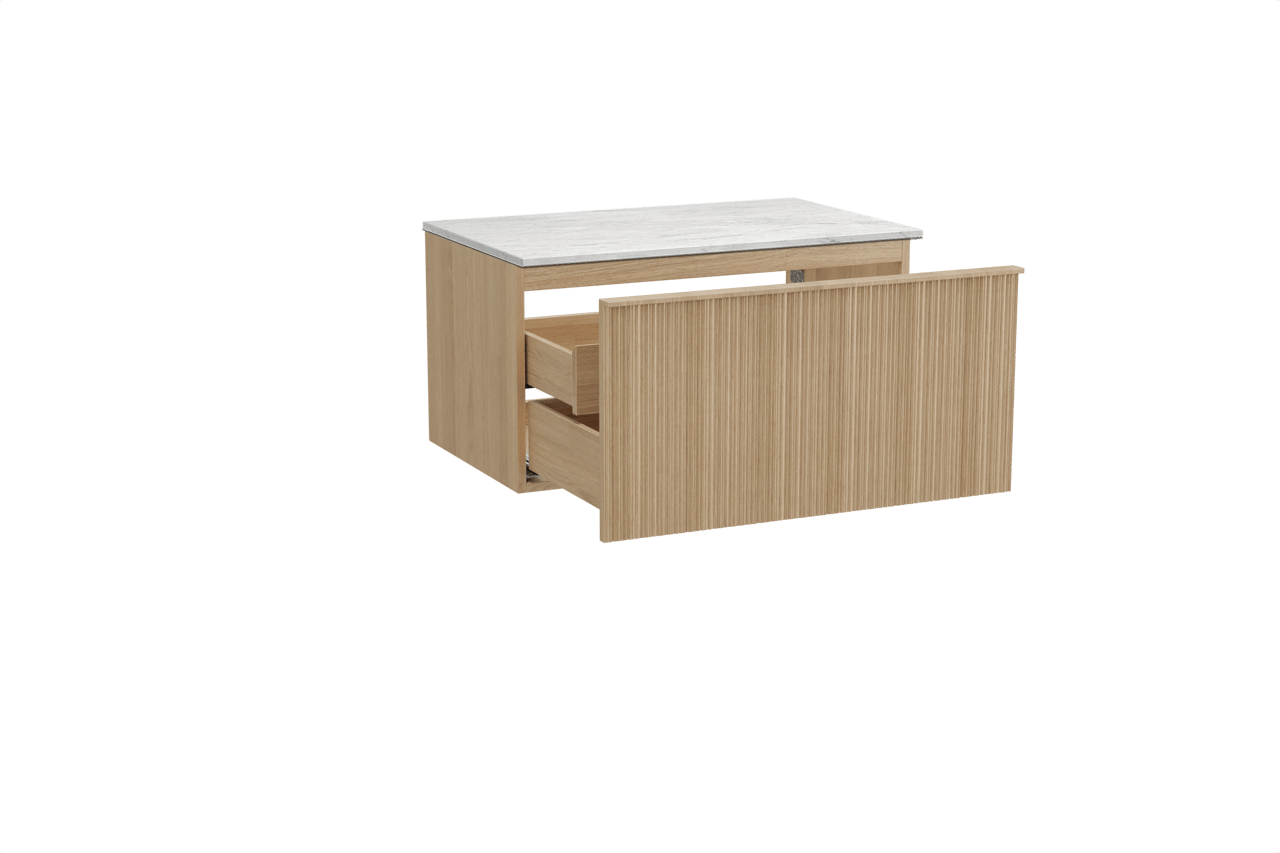 Balmani Forma zwevend badkamermeubel 90 x 55 cm natuur eik met Stretto enkel tablet in marmer carrara, Verticale asymmetrische ronde ribbel