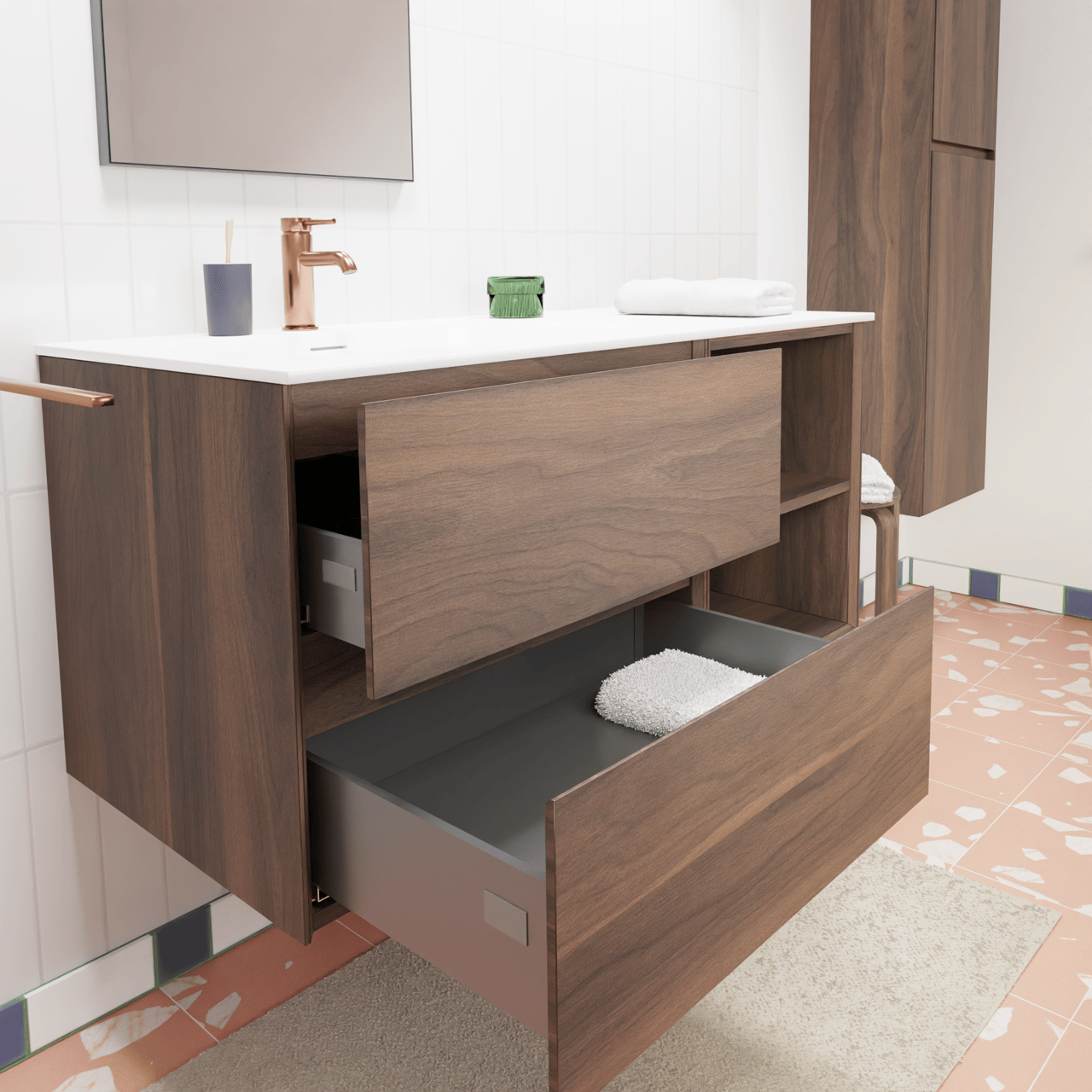 Storke Edge hängendes Möbelstück Set: 110 x 52 cm, Nussbaum, mit Mata Waschtisch links, Solid Surface Weiß matt