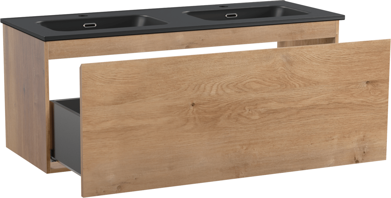 Linie Lado meuble salle de bains suspendu 120 x 46 cm chêne naturel avec Baro double vasque en porcelaine noir mat