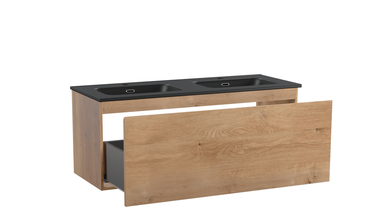 Linie Lado zwevend badkamermeubel 120 x 46 cm natuur eik met Baro dubbele wastafel in porselein mat zwart