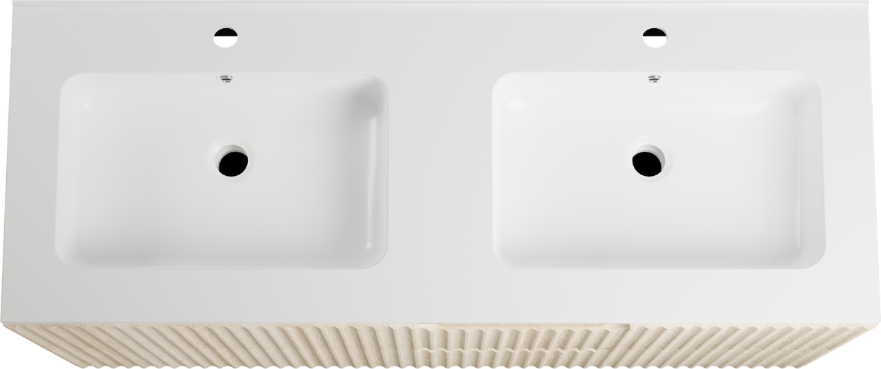 Linie Ribbo zwevend badmeubel 120 x 46 cm licht eiken met Vano dubbele wastafel in composietmarmer hoogglans wit, Verticale symmetrische ronde ribbel