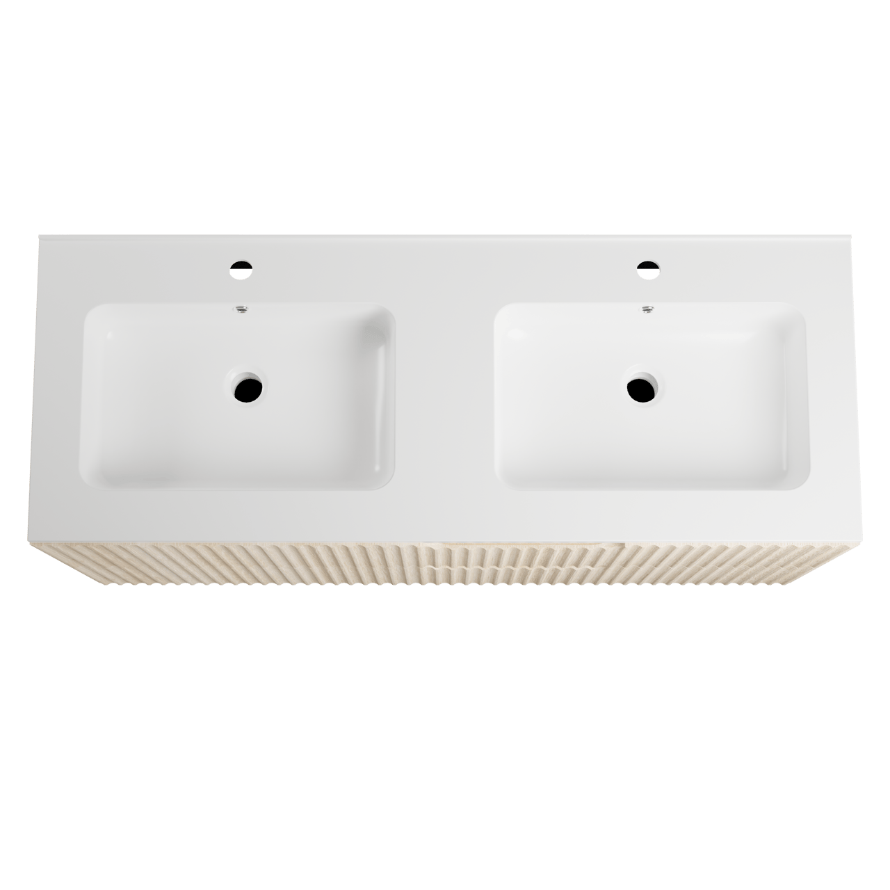 Linie Ribbo hängendes Möbelstück Set: 120 x 46 cm, Helle Eiche, mit Vano Doppelwaschtisch, Marmorkomposit, Weiß glänzend, Vertikale symmetrische runde Rippe