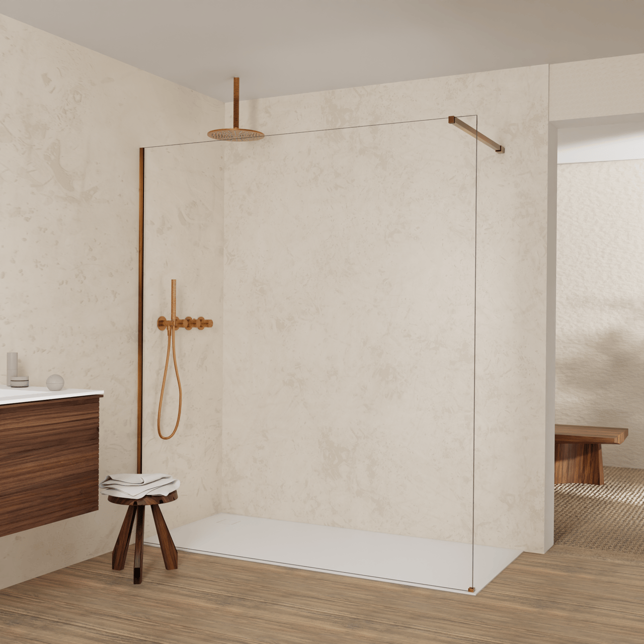 Balmani Modular Walk-In Dusche: 180 x 200 cm, Extra Klarglas, inklusive Coating, Profil Brushed Rosegold
