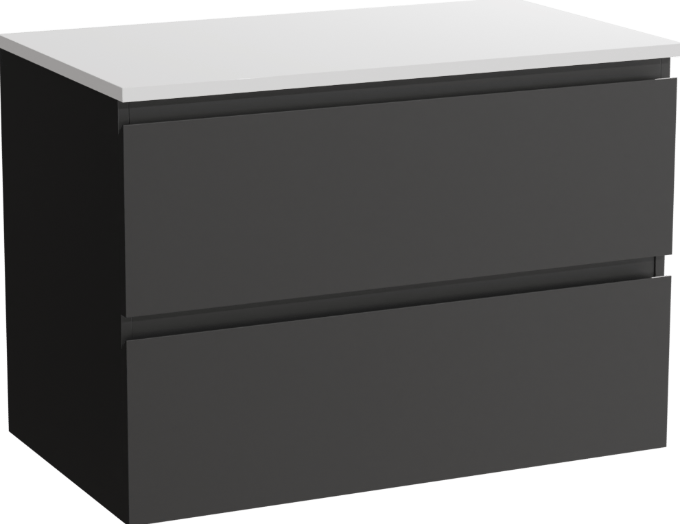 Linie Lado hängendes Möbelstück Set: 80 x 46 cm, Schwarz matt, mit Lado Einzel Waschtischplatte, Marmorkomposit Weiß matt