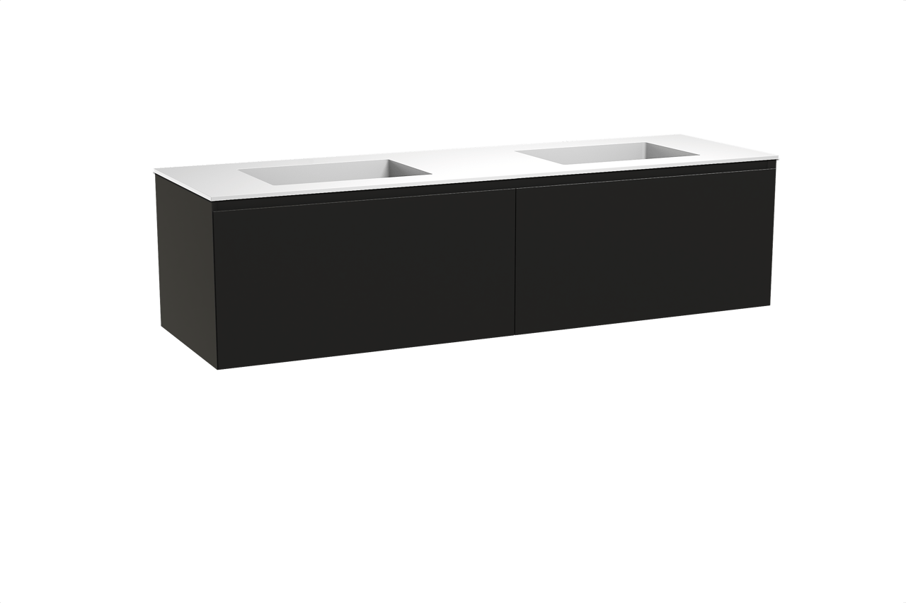 Balmani Idra meuble salle de bains suspendu 180 x 55 cm noir mat avec Tablo Stretto double vasque en solid surface blanc mat