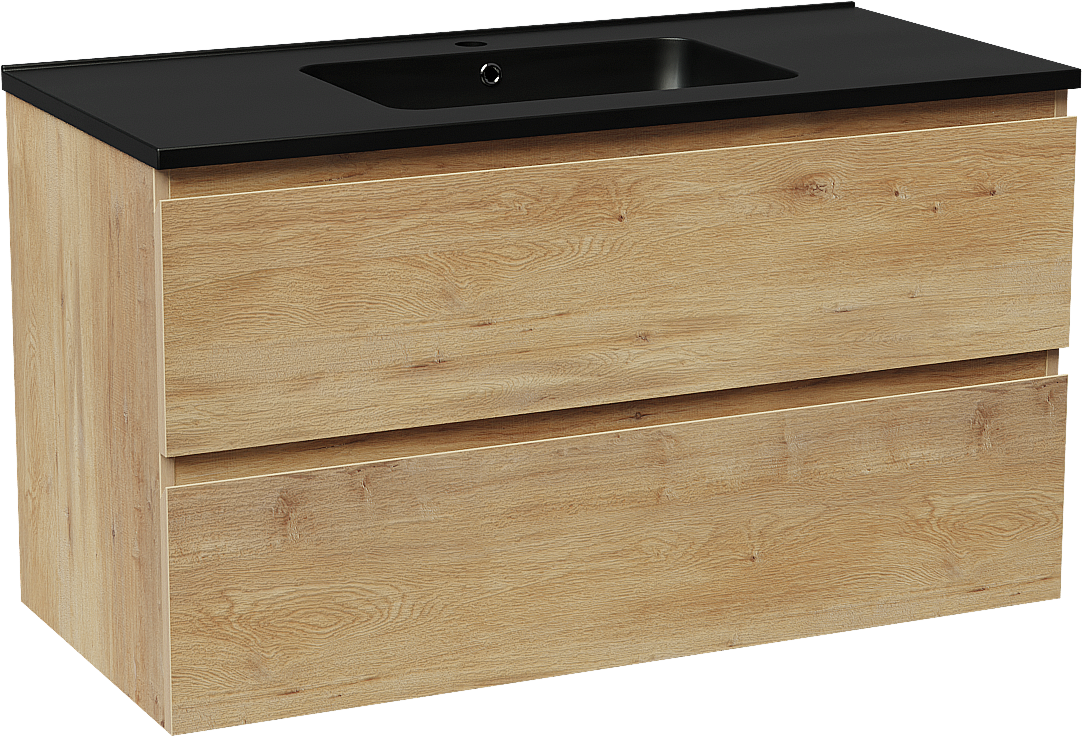 Linie Lado hängendes Möbelstück Set: 100 x 46 cm, Naturbelassene Eiche, mit Vano Einzelwaschtisch, Marmorkomposit Schwarz matt