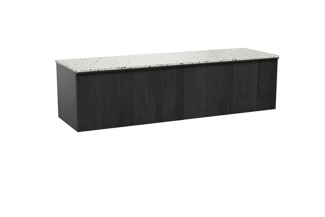 Balmani Forma meuble salle de bains suspendu 180 x 55 cm chêne noir avec Stretto tablette simple ou double en blanc/noir mat terrazzo, Nervure droite symétrique verticale