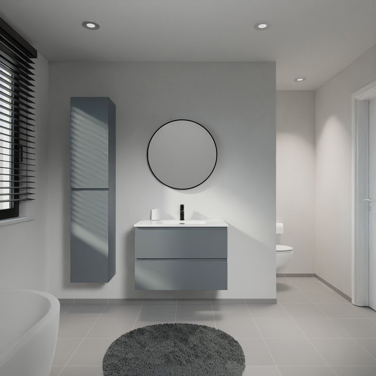 Linie Lado meuble salle de bains suspendu 80 x 46 cm bleu anthracite avec Baro plan simple en porcelaine blanc brillant