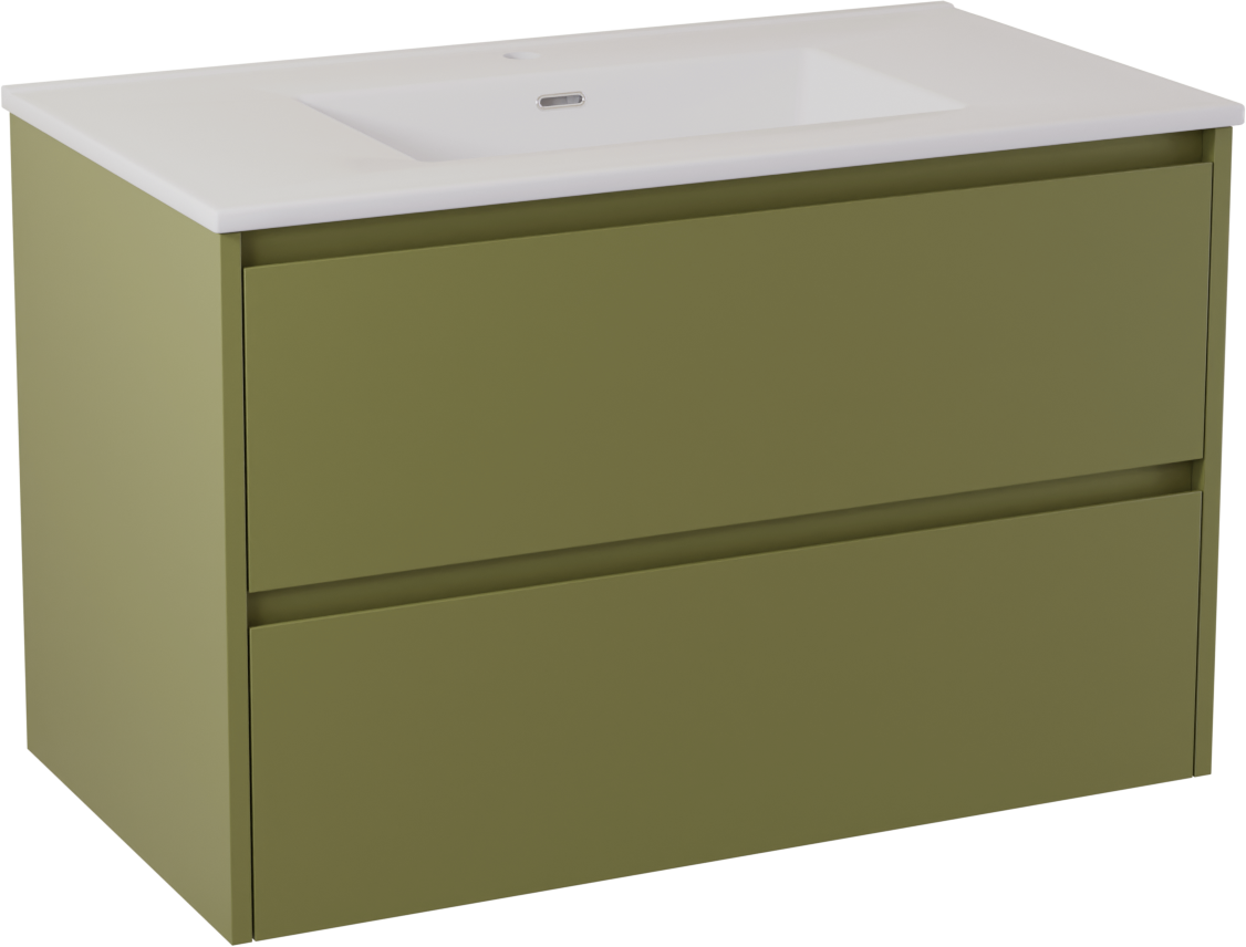 Storke Seda hängendes Möbelstück Set: 95 x 52 cm, Olivgrün, mit Kera Doppelwaschtisch, Keramik Weiß glänzend, inklusive Ablaufventil