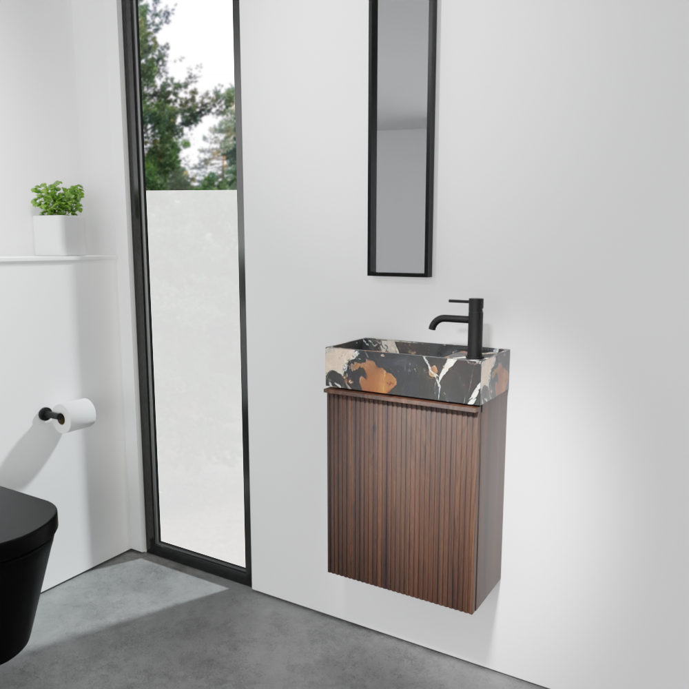 Balmani Forma meuble wc suspendu 42 x 21 cm noyer américain avec Dama plan vasque en marbre Portoro Gold