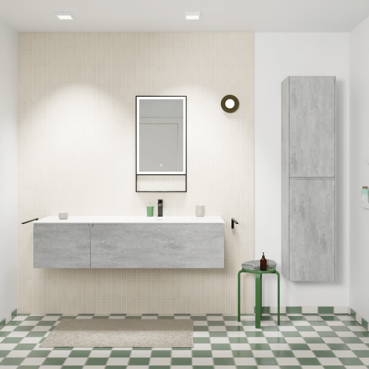 Storke Edge meuble salle de bains suspendu 150 x 52 cm béton gris foncé avec Mata plan vasque asymétrique à droite en solid surface blanc mat