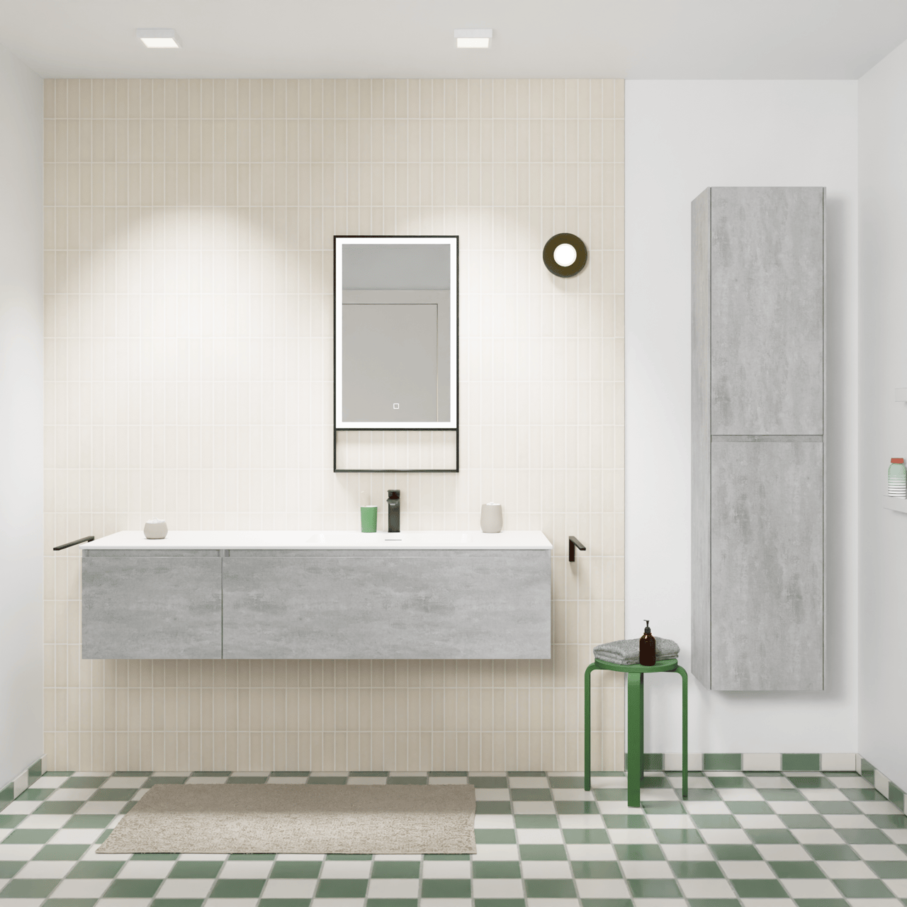 Storke Edge hängendes Möbelstück Set: 150 x 52 cm, Beton dunkelgrau, mit Mata Waschtisch rechts, Solid Surface Weiß matt