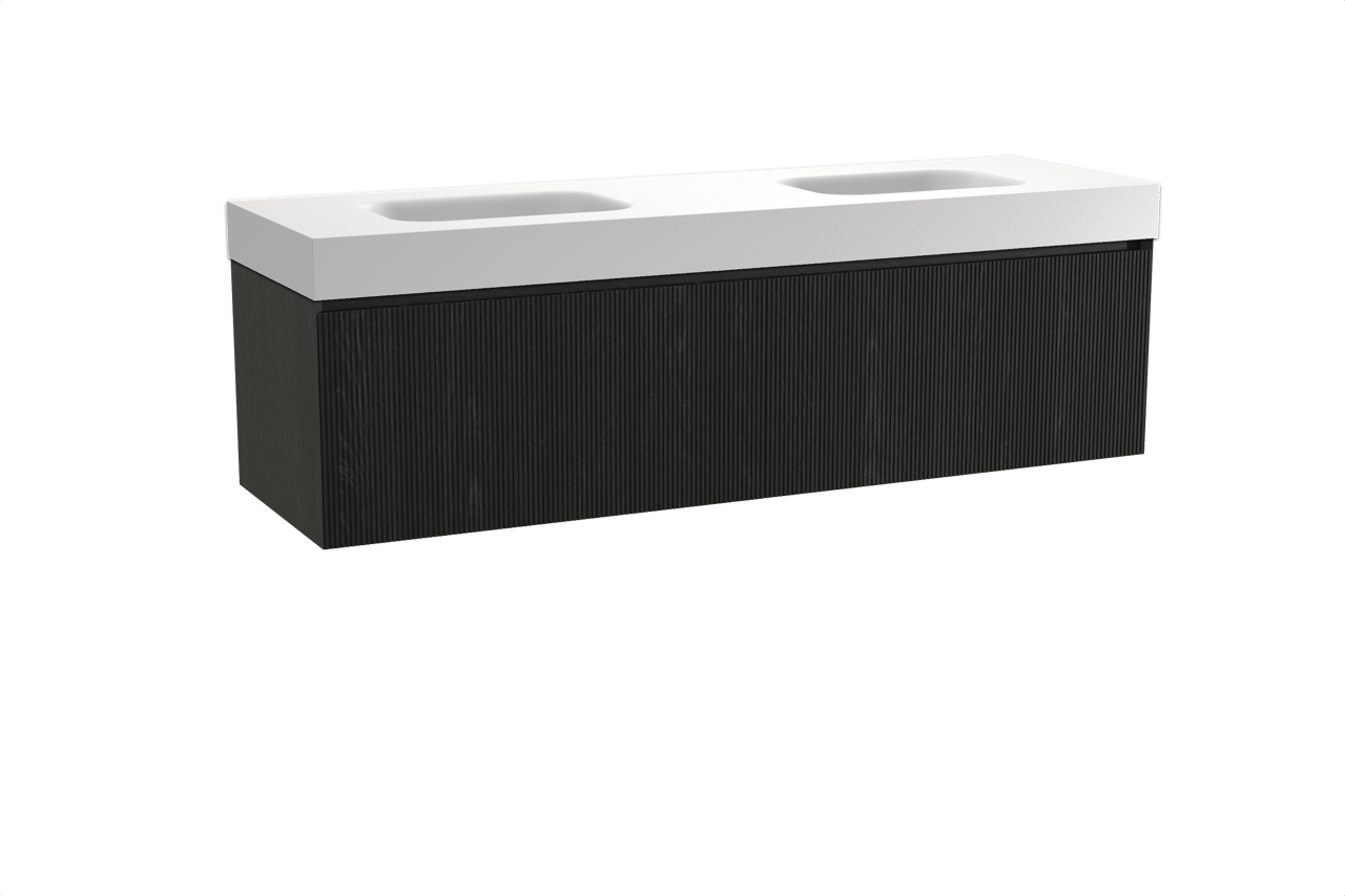 Balmani Fila meuble salle de bains suspendu 180 x 55 cm chêne noir avec Arcato double vasque en solid surface blanc mat, Nervure droite symétrique verticale