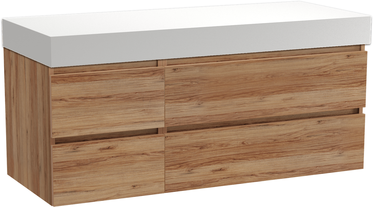 Balmani Lucida hängendes Möbelstück Set: 135 x 55 cm, Teak, mit Dominus Einzel- oder Doppel Waschtischplatte, Solid Surface Weiß matt