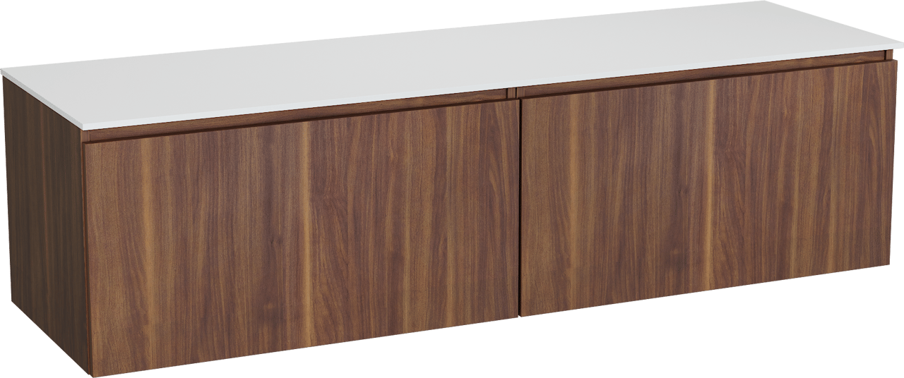 Balmani Sfera zwevend badmeubel 180 x 55 cm amerikaans notenhout met Stretto enkel of dubbel wastafelblad in solid surface mat wit