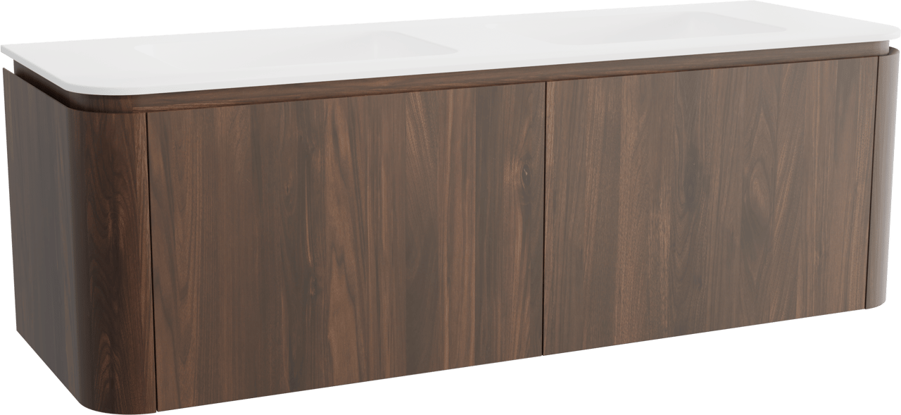 Balmani Moon hängendes Möbelstück Set: 160 x 55 cm, Amerikanischer Nussbaum, mit Moon Doppelwaschtisch, Solid Surface Weiß matt