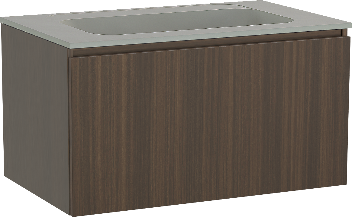 Balmani Sfera hängendes Möbelstück Set: 90 x 55 cm, Eucalyptus, mit Tablo Strada Einzelwaschtisch, Marmorkomposit Seidengrau