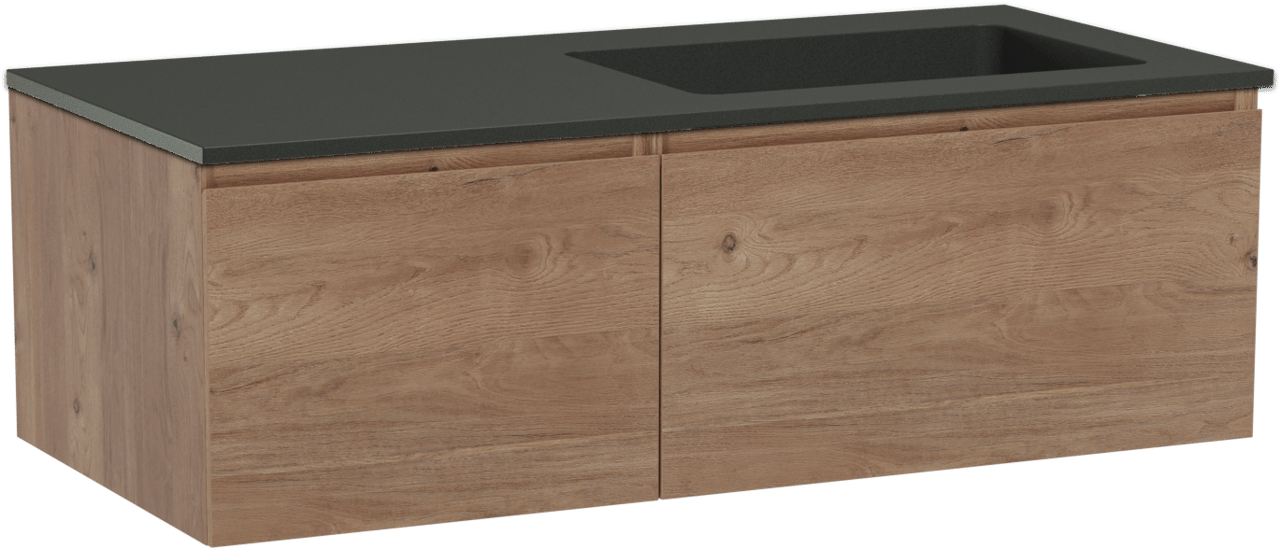 Storke Edge zwevend badkamermeubel 110 x 52 cm ruwe eik met Scuro asymmetrisch rechtse wastafel in kwarts mat zwart