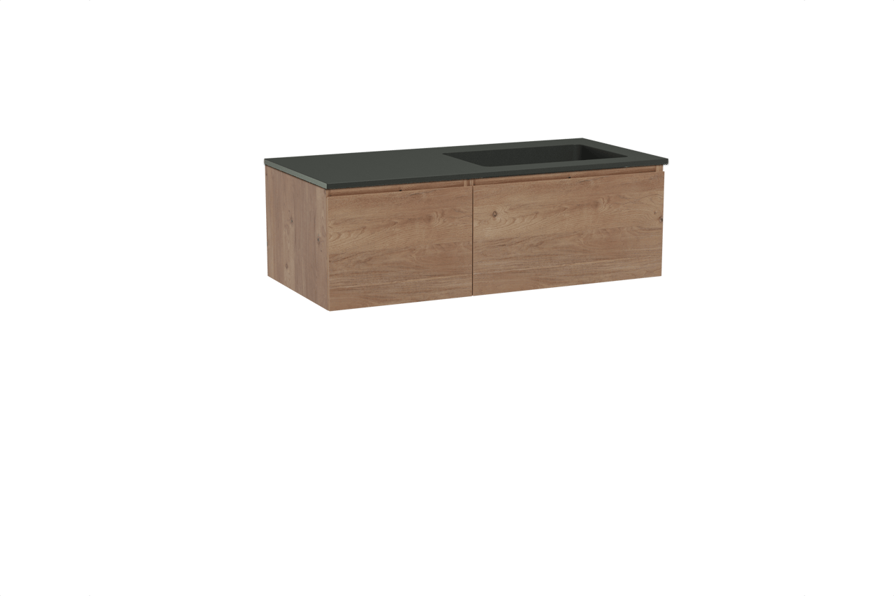 Storke Edge zwevend badmeubel 110 x 52 cm ruw eiken met Scuro asymmetrisch rechtse wastafel in kwarts mat zwart