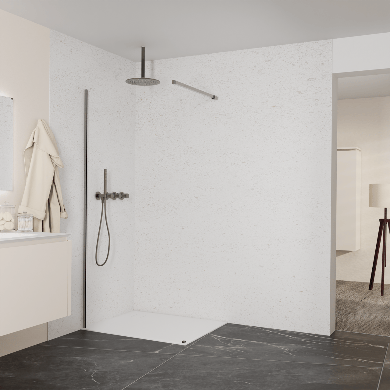 Balmani Modular inloopdouche: 100 x 200 cm, Helder glas met coating, Brushed GunMetal profielen