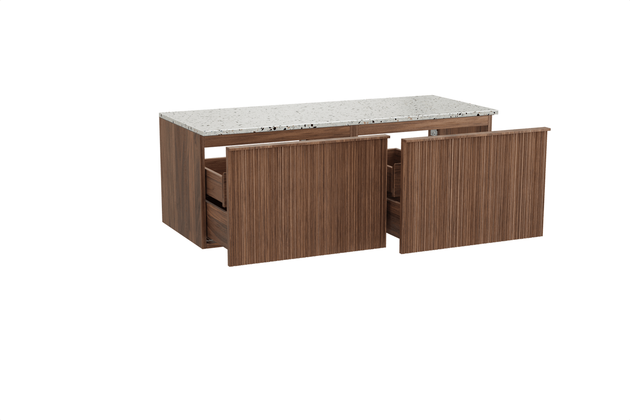 Balmani Forma meuble salle de bains suspendu 135 x 55 cm noyer américain avec Stretto tablette simple ou double en blanc/noir mat terrazzo, Nervure circulaire asymétrique verticale