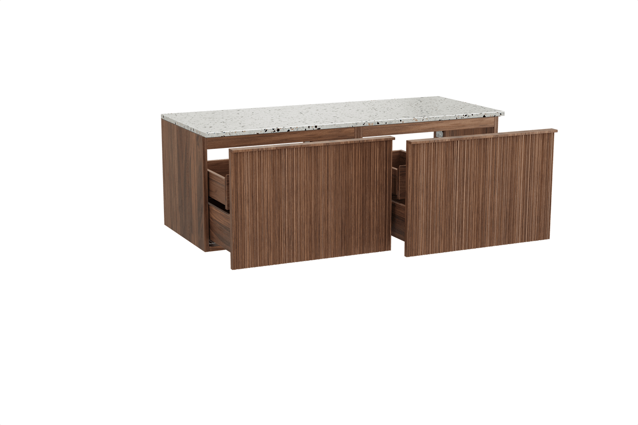 Balmani Forma zwevend badkamermeubel 135 x 55 cm amerikaanse notelaar met Stretto enkel of dubbel tablet in mat wit/zwart terrazzo, Verticale asymmetrische ronde ribbel