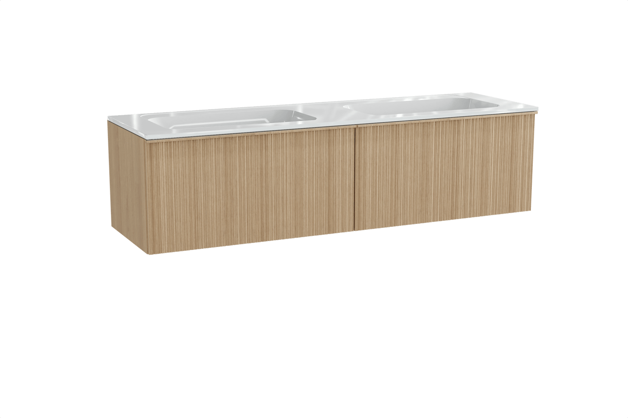 Balmani Forma meuble salle de bains suspendu 180 x 55 cm chêne naturel avec Tablo Strada double vasque en marbre composite blanc brillant, Nervure circulaire asymétrique verticale
