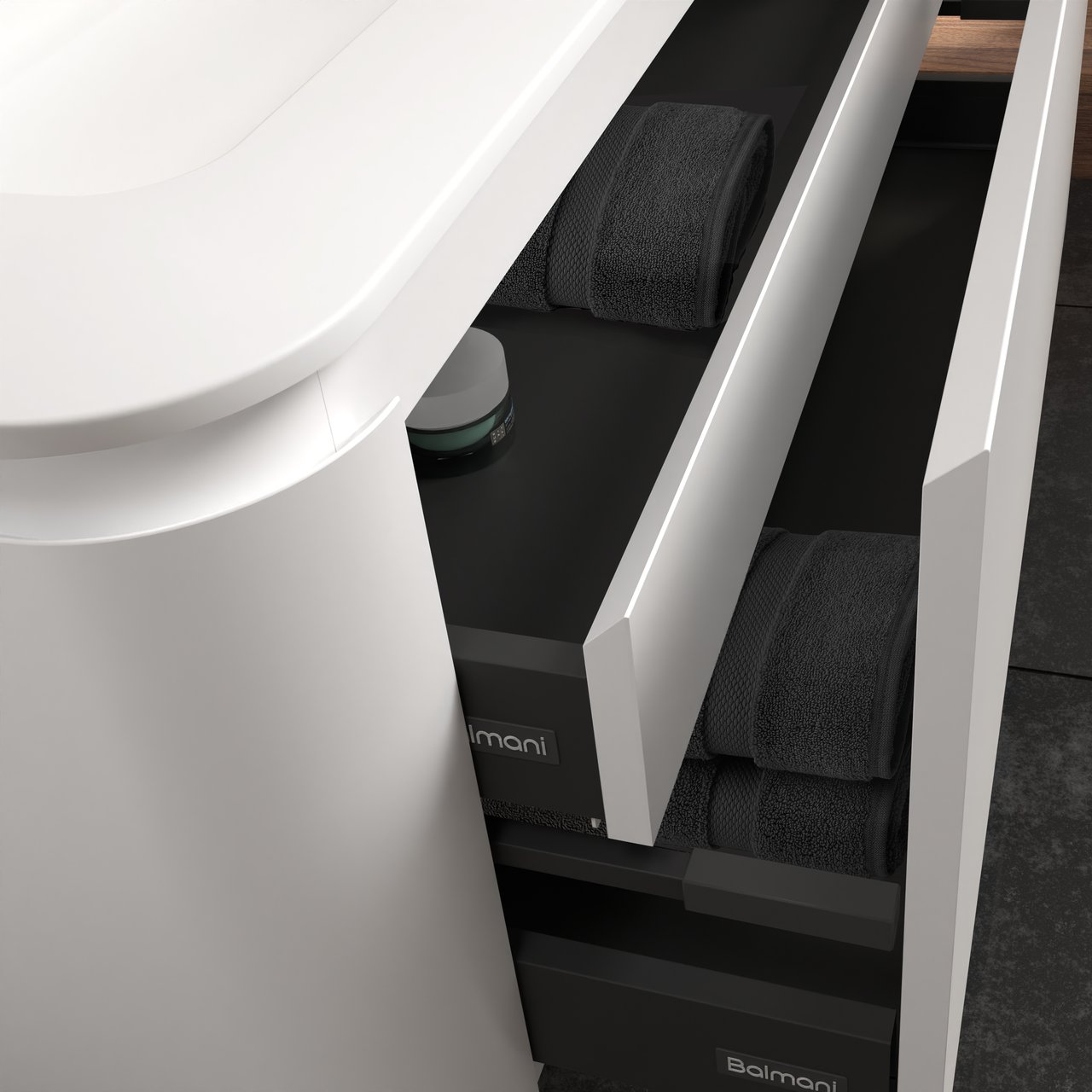 Balmani Moon hängendes Möbelstück Set: 130 x 55 cm, Weiß matt, mit Moon Einzel- oder Doppel Waschtischplatte, Solid Surface Weiß matt