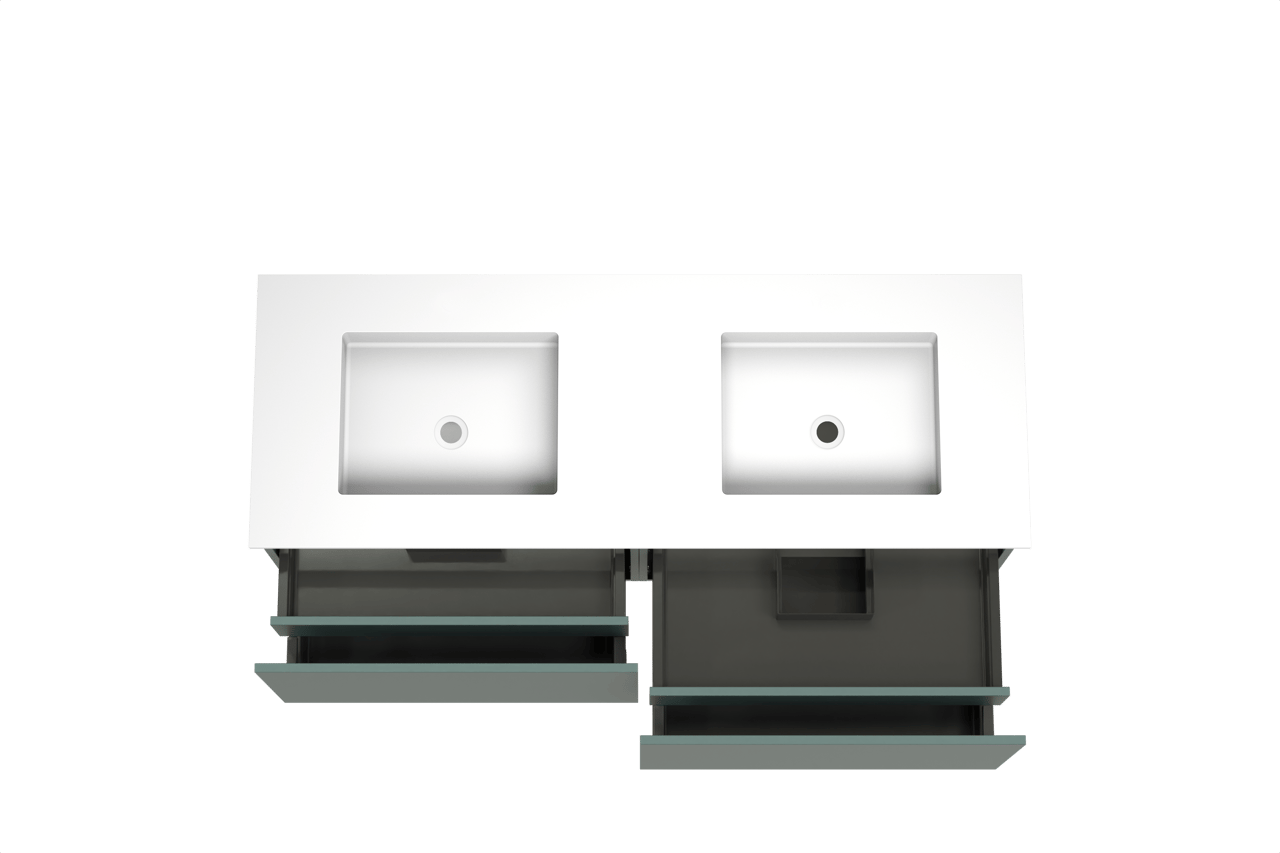 Balmani Sfera meuble salle de bains suspendu 150 x 55 cm forest avec Tablo Stretto double vasque en solid surface blanc mat