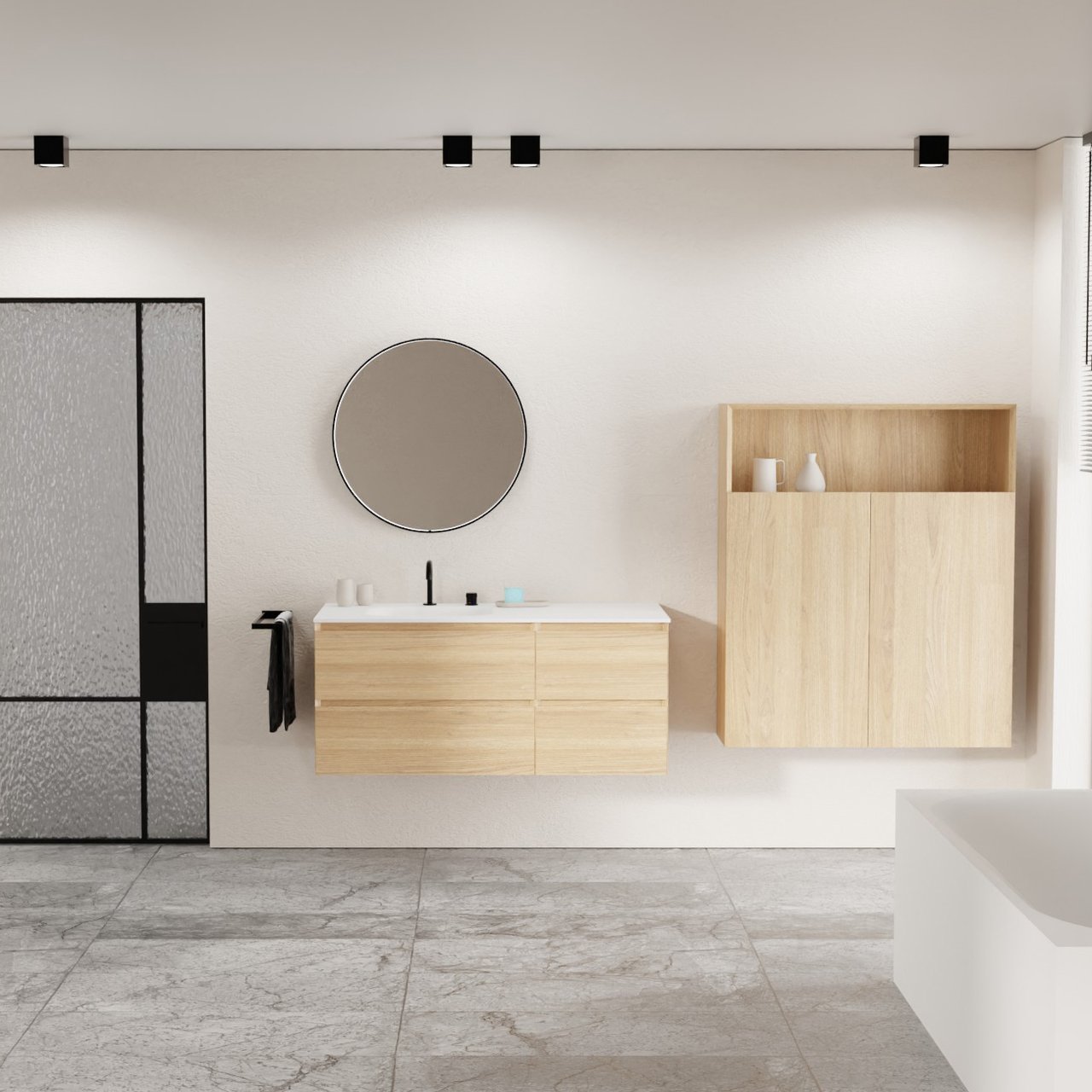 Balmani Mitra hängendes Möbelstück Set: 120 x 55 cm, Naturbelassene Eiche, mit Tablo Arcato Waschtisch links, Solid Surface Weiß matt