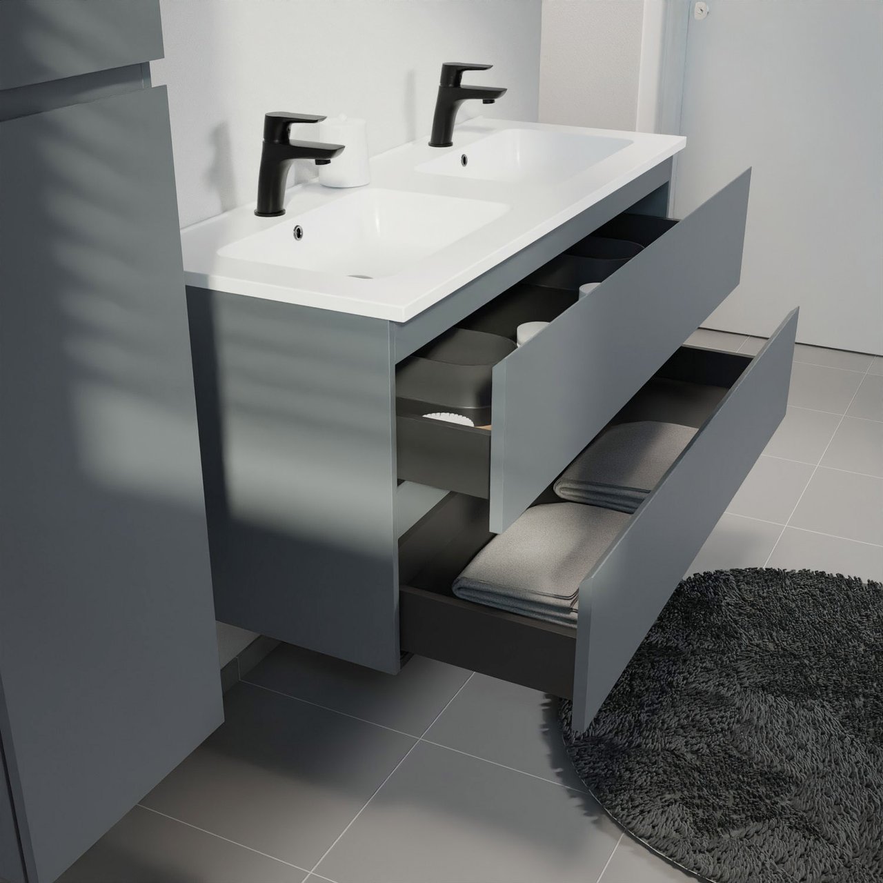 Linie Lado meuble salle de bains suspendu 120 x 46 cm bleu anthracite avec Vano double vasque en marbre composite blanc mat