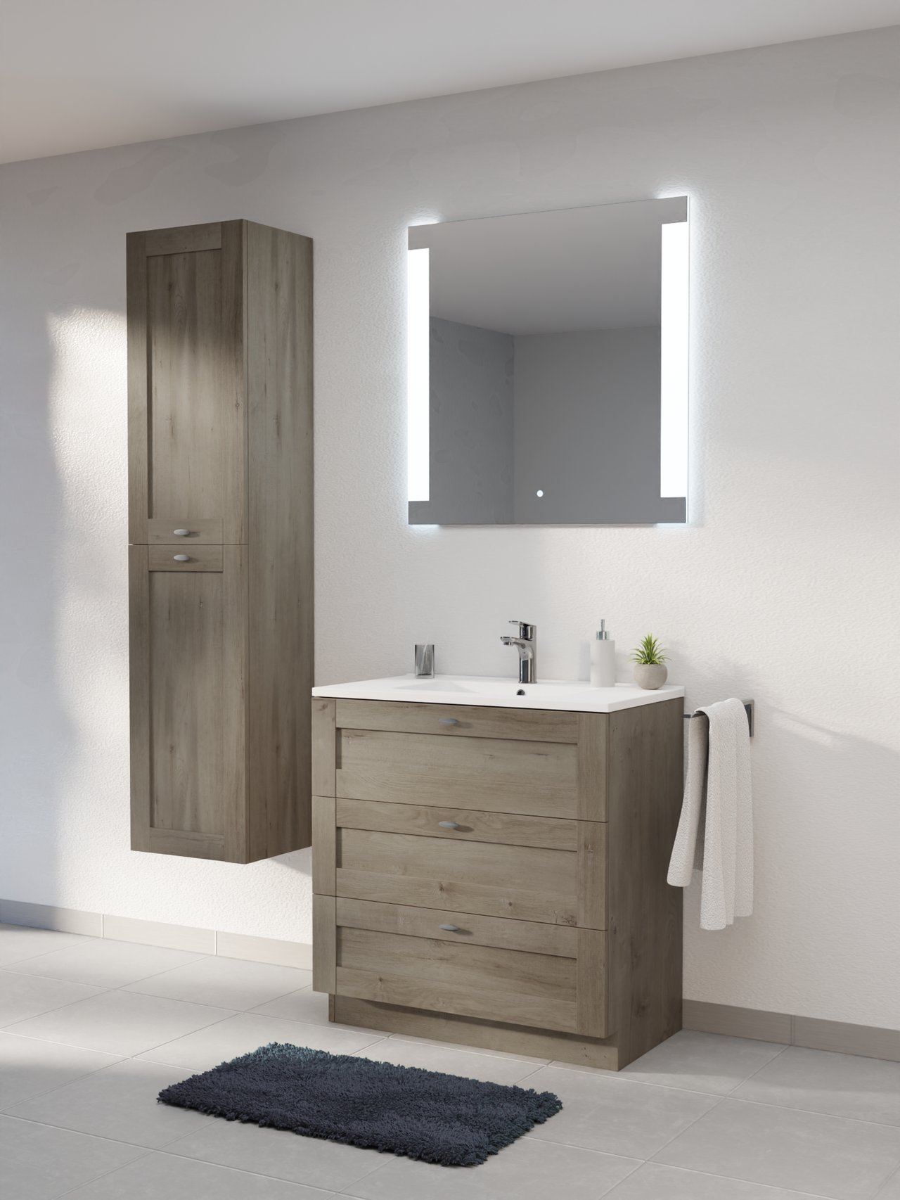 Linie Classo meuble salle de bains à poser 80 x 46 cm chêne gris avec Vano plan simple en marbre composite blanc brillant