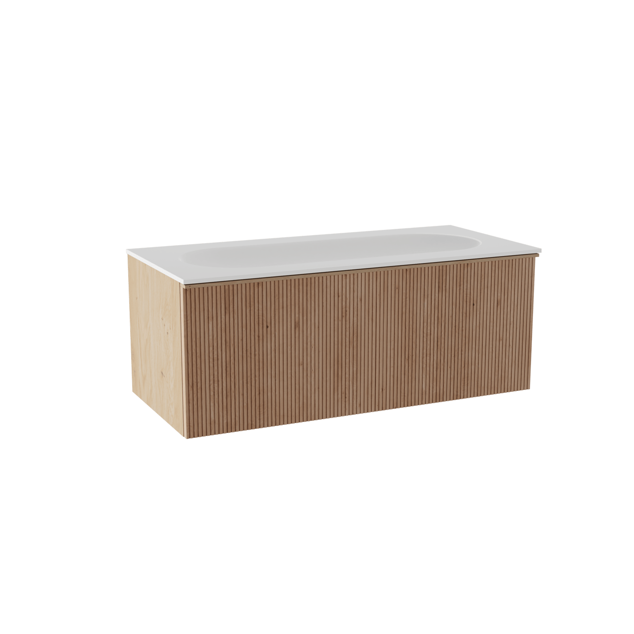Balmani Forma zwevend badkamermeubel 120 x 55 cm natuur eik met Tablo Oval enkele wastafel voor 2 kraangaten in solid surface mat wit, Verticale symmetrische rechte ribbel