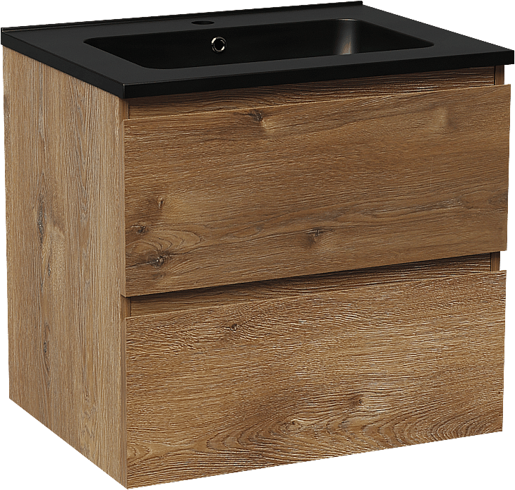Linie Lado zwevend badmeubel 60 x 46 cm bruin eiken met Vano enkele wastafel in composietmarmer mat zwart