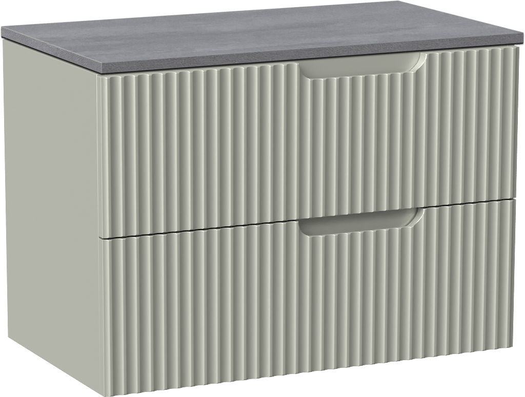 Linie Ribbo zwevend badmeubel 80 x 46 cm greige met Lado enkel wastafelblad in melamine beton donkergrijs, Verticale symmetrische ronde ribbel