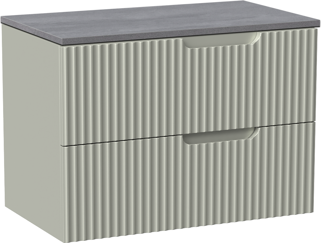 Linie Ribbo zwevend badmeubel 80 x 46 cm greige met Lado enkel wastafelblad in melamine beton donkergrijs, Verticale symmetrische ronde ribbel