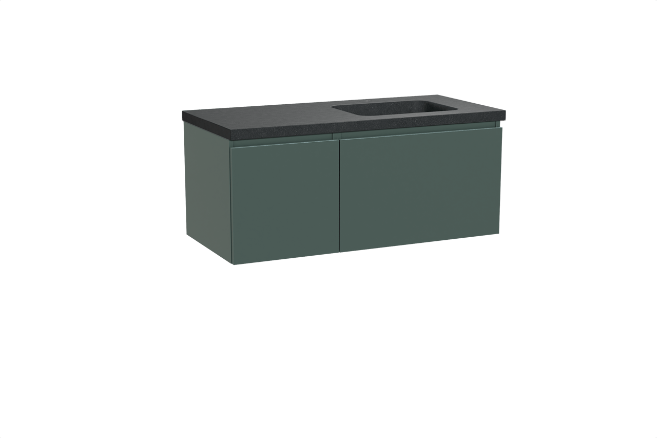 Balmani Sfera hängendes Möbelstück Set: 120 x 55 cm, Forest, mit Napoli Waschtisch rechts, Schwarzes Granit