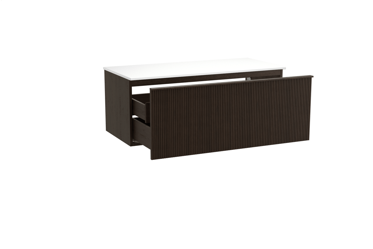 Balmani Forma hängendes Möbelstück Set: 120 x 55 cm, Geräucherte Eiche, mit Stretto Einzel- oder Doppel Waschtischplatte, Solid Surface, Weiß matt, Vertikale symmetrische gerade Rippe