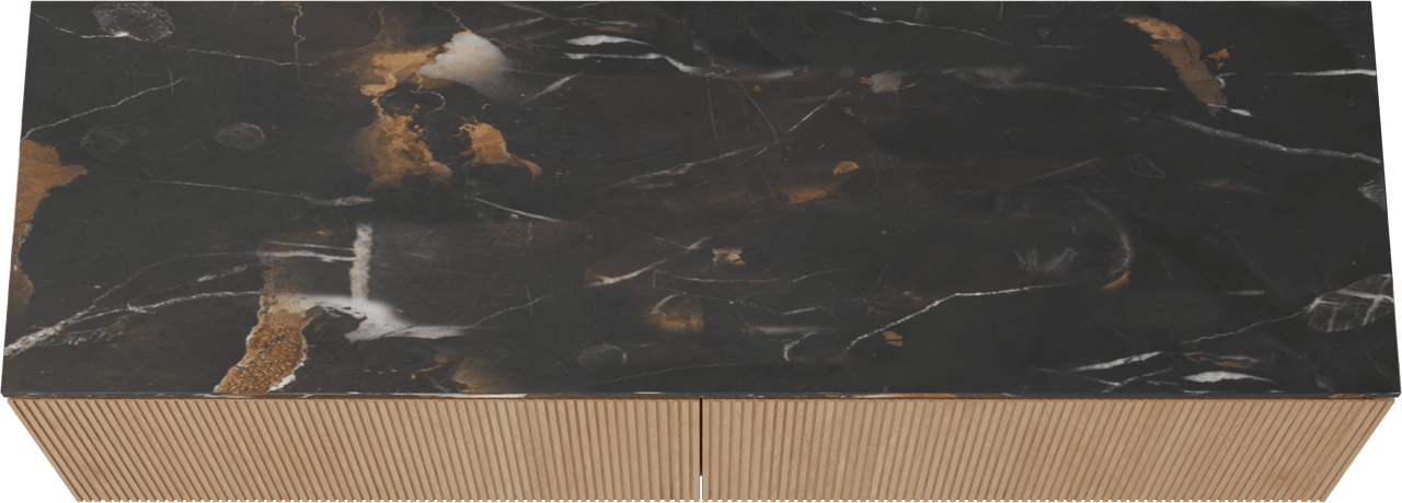 Balmani Eclips meuble salle de bains suspendu 180 x 55 cm Chêne naturelle avec Stretto tablette simple ou double vasque en Portoro Gold marbre, Nervure droite symétrique verticale