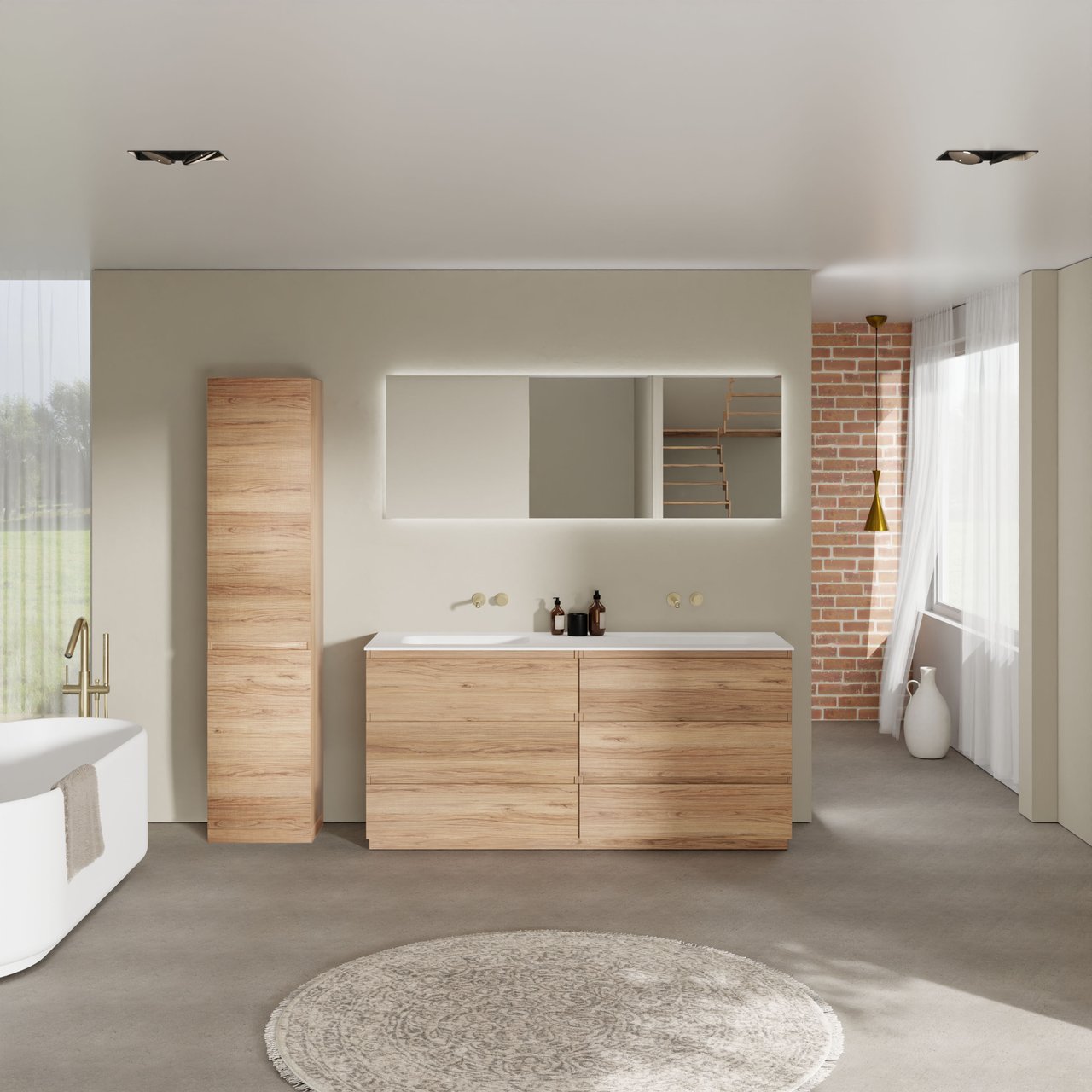 Balmani Lucida staand badkamermeubel 180 x 55 cm teak met Tablo Strada dubbele wastafel in composietmarmer mat wit