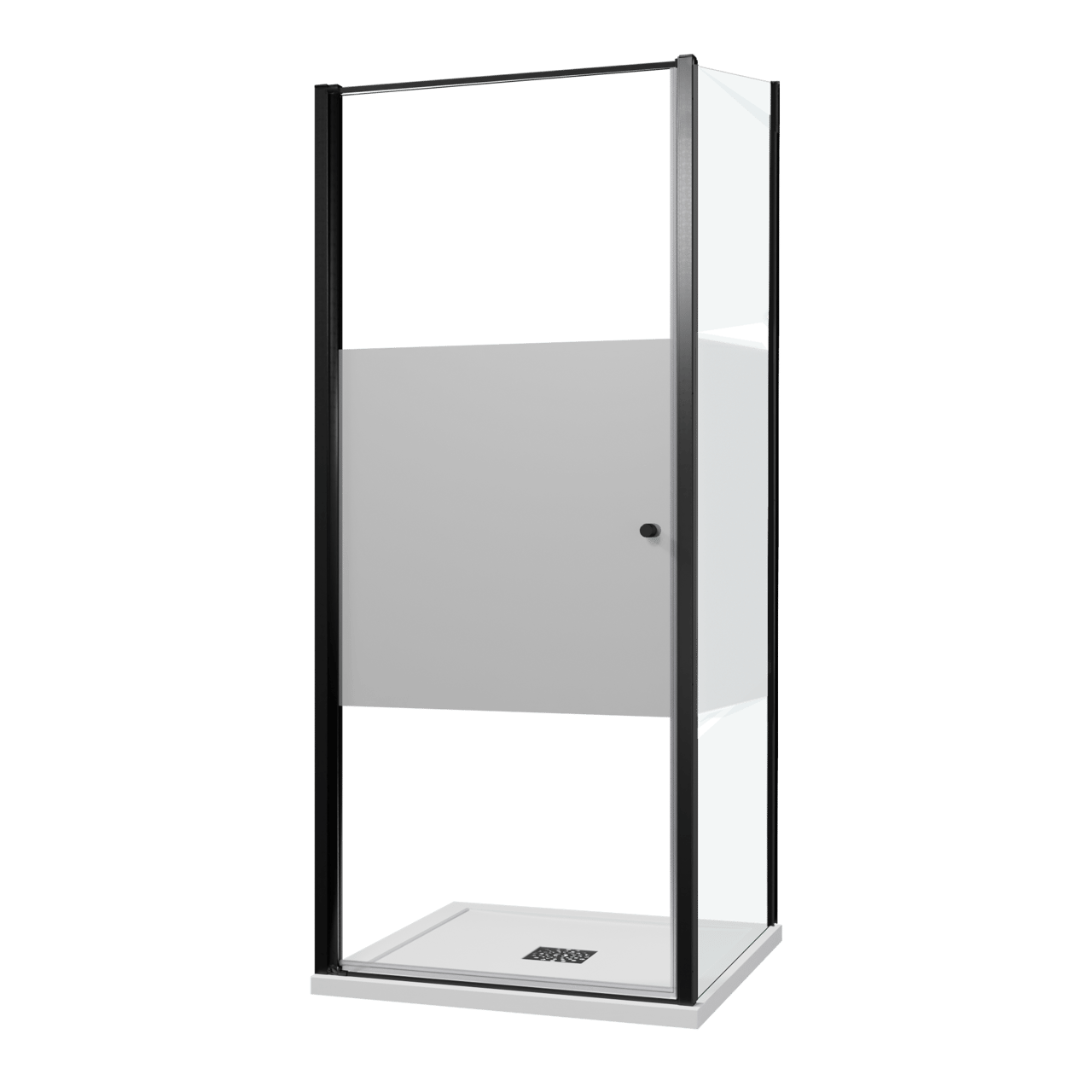 Luca Varess Kuresa Eckdusche: Drehtür, fixierte Seitenwand, 90 x 90 x 200 cm, Klarglas mit mattiertem Streifen, Profil Schwarz